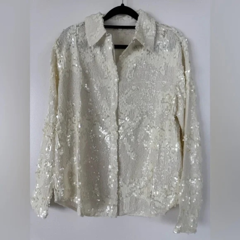 Gold Hawk Lexi Sequin Button Down in Dove White Small NWT $365